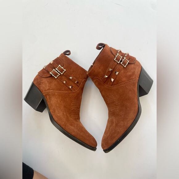Valentino Garavani Tan Suede Rockstud Double Buckle 50mm Cowboy Ankle Boots EU38 - Picture 15 of 15